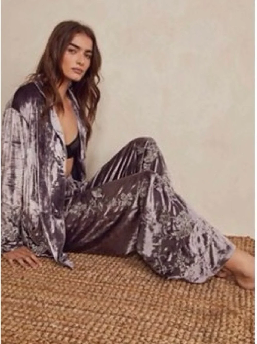 Free People Very RARE Crushed Velvet Pajama Set - Lilac Silver Gray - Picture 1 of 16